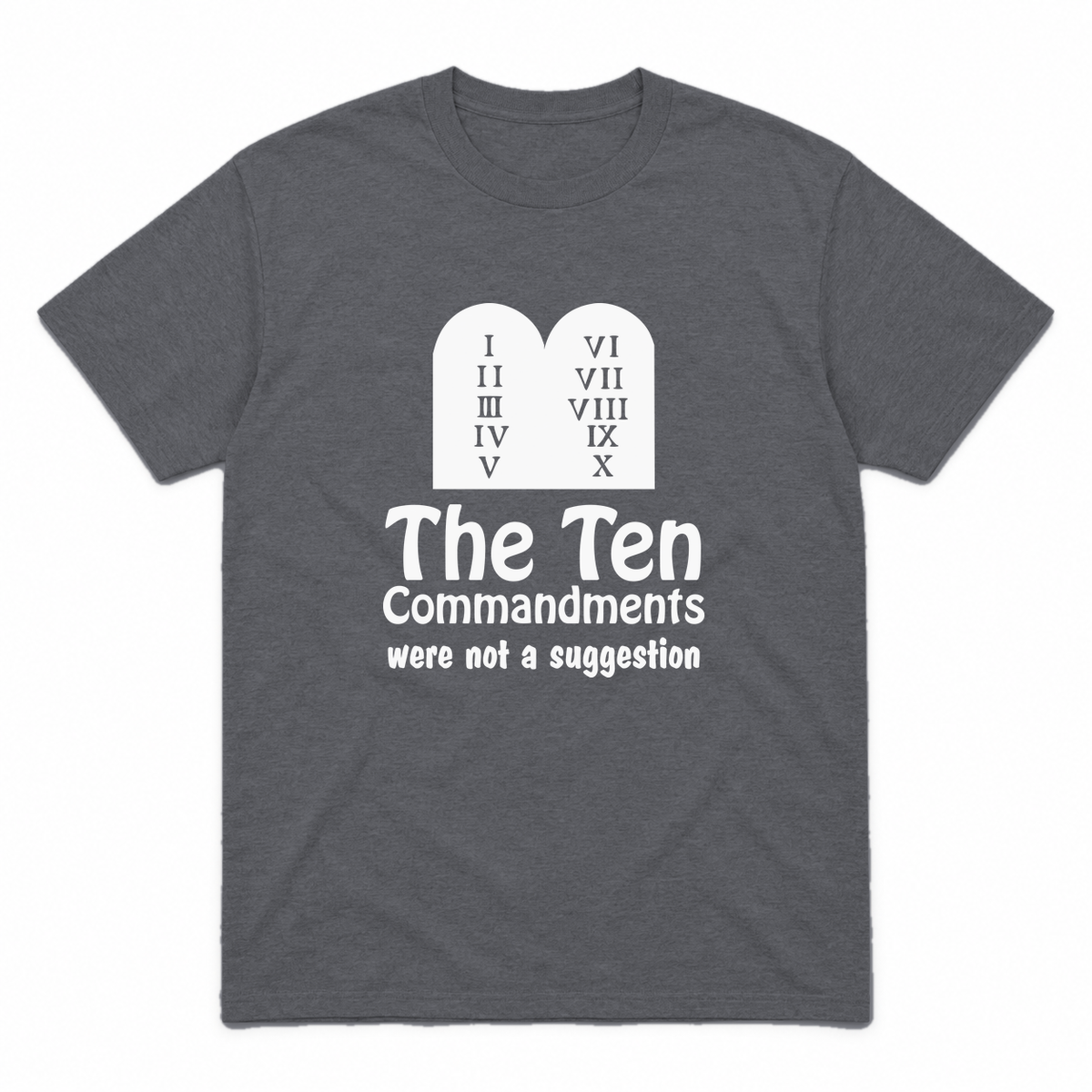 Ten Commandments graphic tee in charcoal with white print, front view