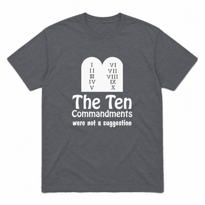 Ten Commandments graphic tee in charcoal with white print, front view