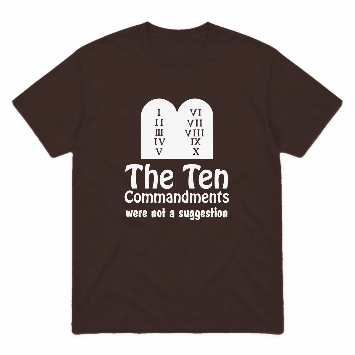 Ten Commandments graphic tee in dark chocolate with white print, front view