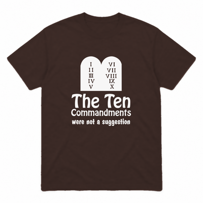 Ten Commandments graphic tee in dark chocolate with white print, front view