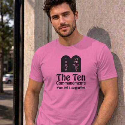 Man wearing the azalea Ten Commandments graphic tee