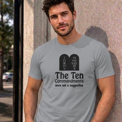 Man wearing the sport grey Ten Commandments graphic tee