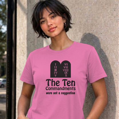 Woman wearing the azalea Ten Commandments graphic tee