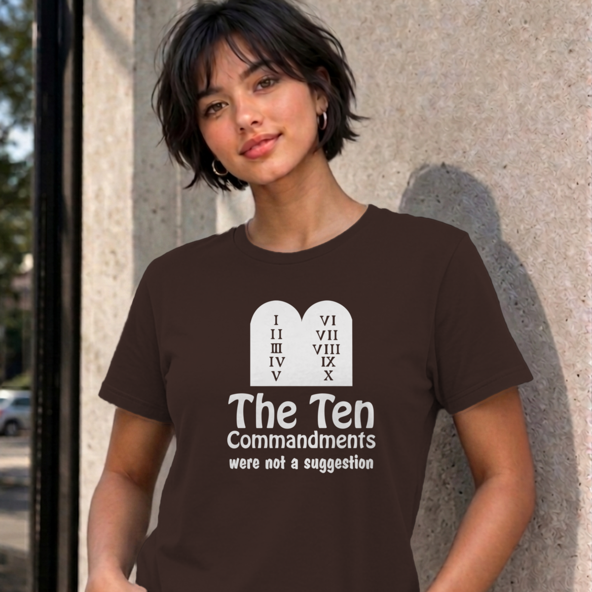 Woman wearing the dark chocolate Ten Commandments graphic tee