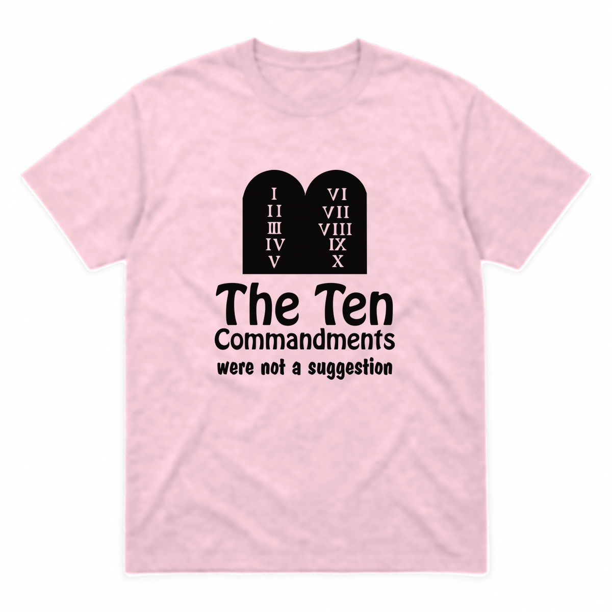 Ten Commandments graphic tee in light pink with black print, front view