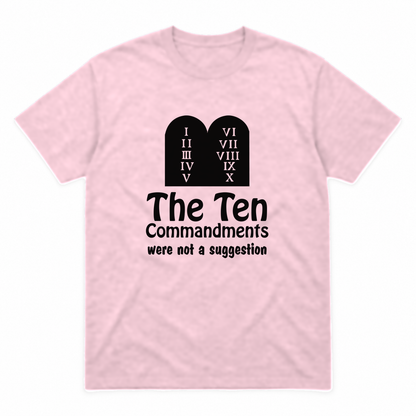 Ten Commandments graphic tee in light pink with black print, front view