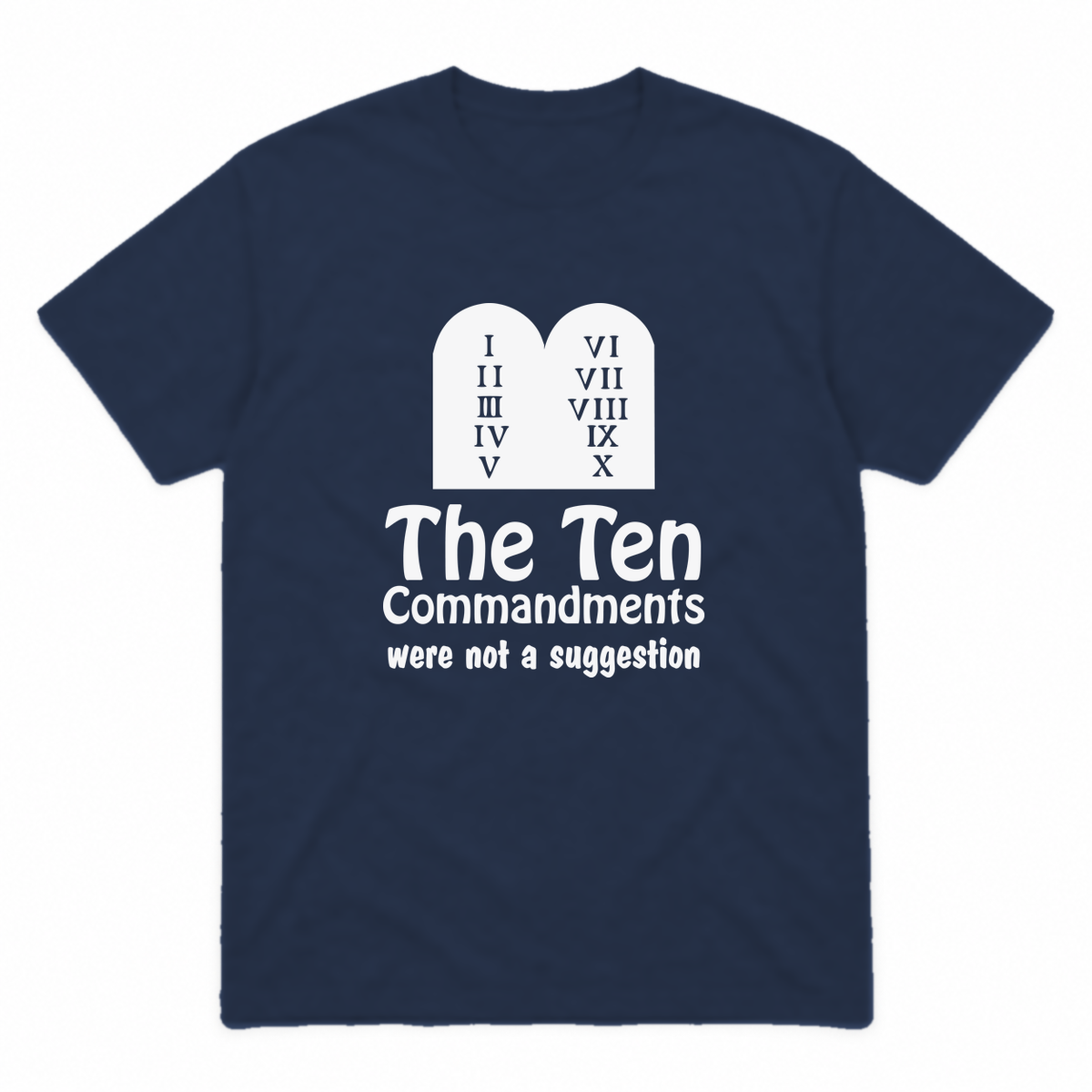 Ten Commandments graphic tee in navy with white print, front view