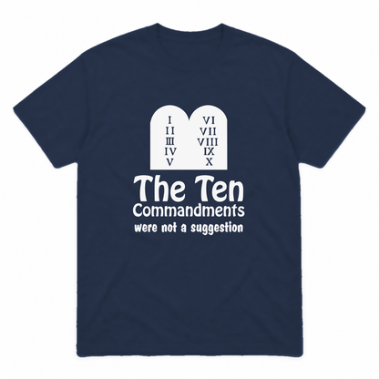 Ten Commandments graphic tee in navy with white print, front view