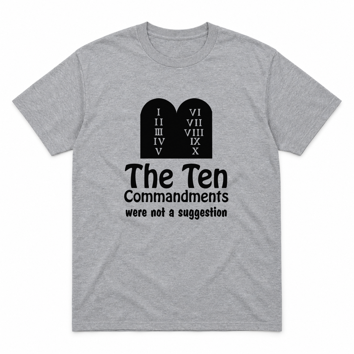 Ten Commandments graphic tee in sport grey with black print, front view