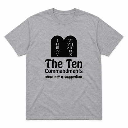 Ten Commandments graphic tee in sport grey with black print, front view
