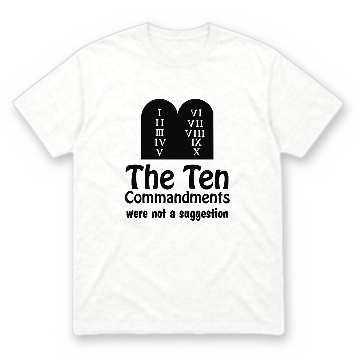 Ten Commandments graphic tee in white with black print, front view