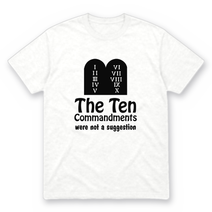 Ten Commandments graphic tee in white with black print, front view