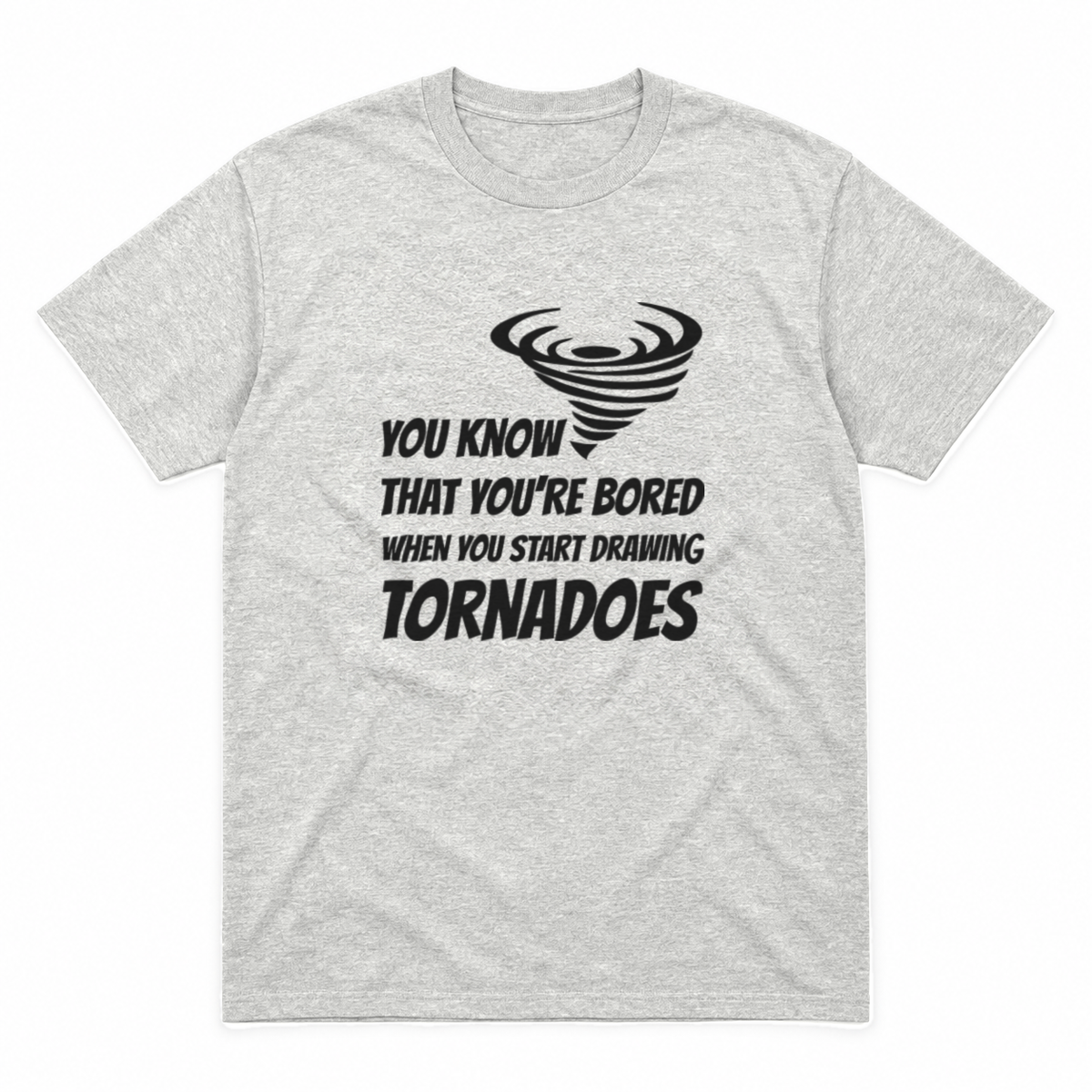 Drawing Tornadoes graphic tee in ash with black print, front view