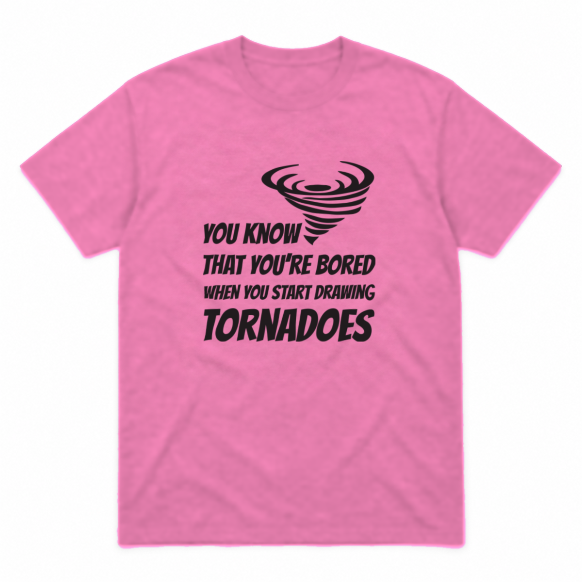 Drawing Tornadoes graphic tee in azalea with black print, front view