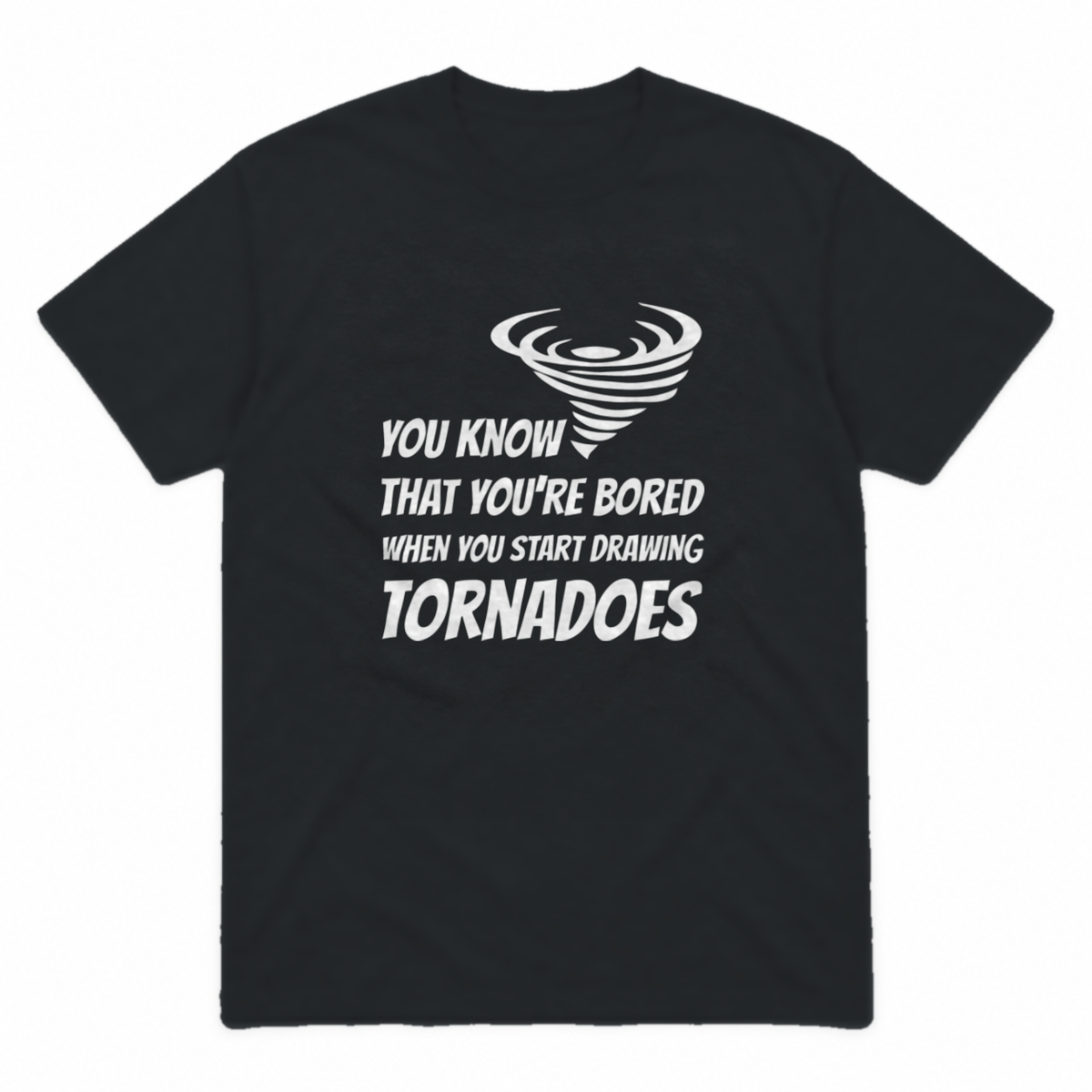 Drawing Tornadoes graphic tee in black with white print, front view