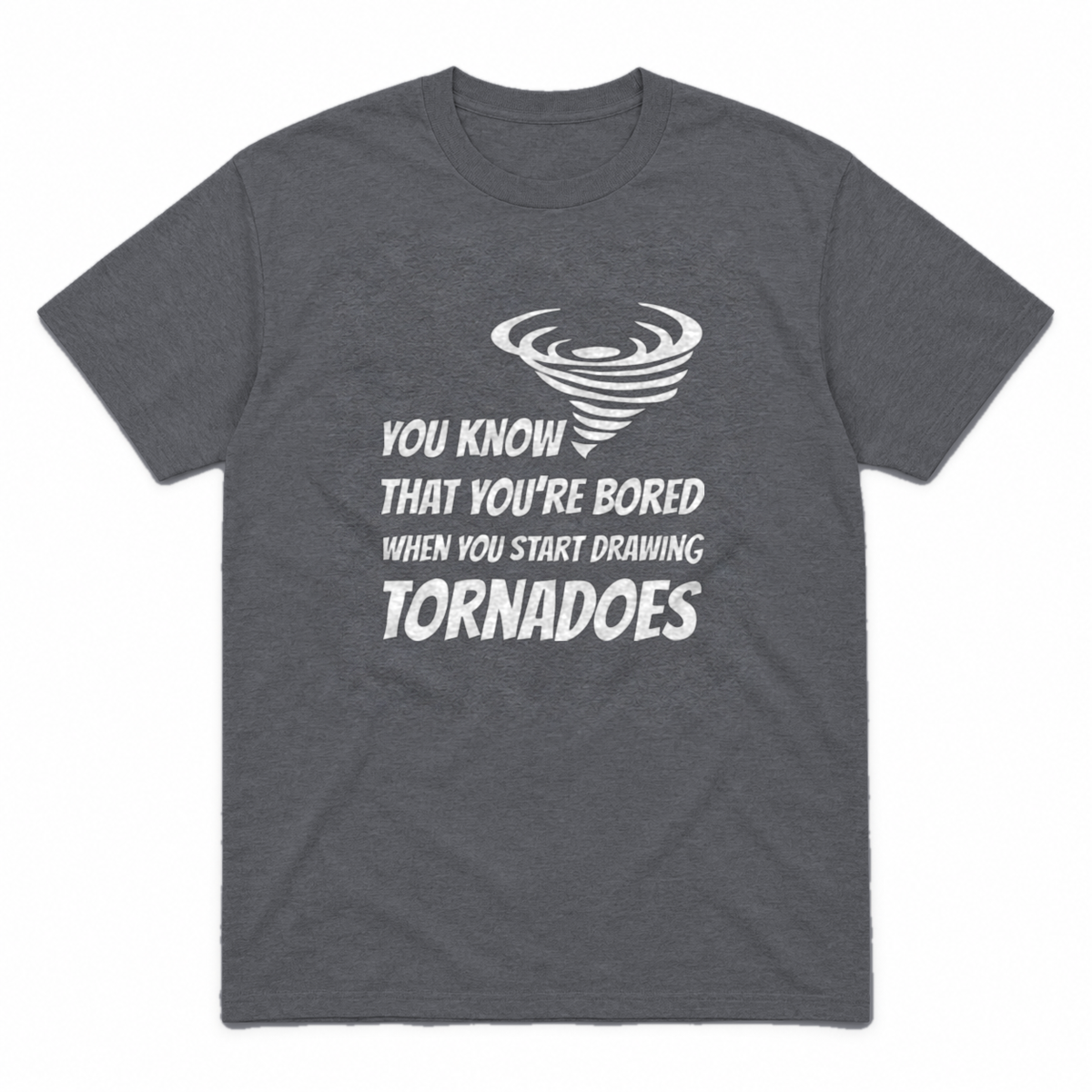 Drawing Tornadoes graphic tee in charcoal with white print, front view