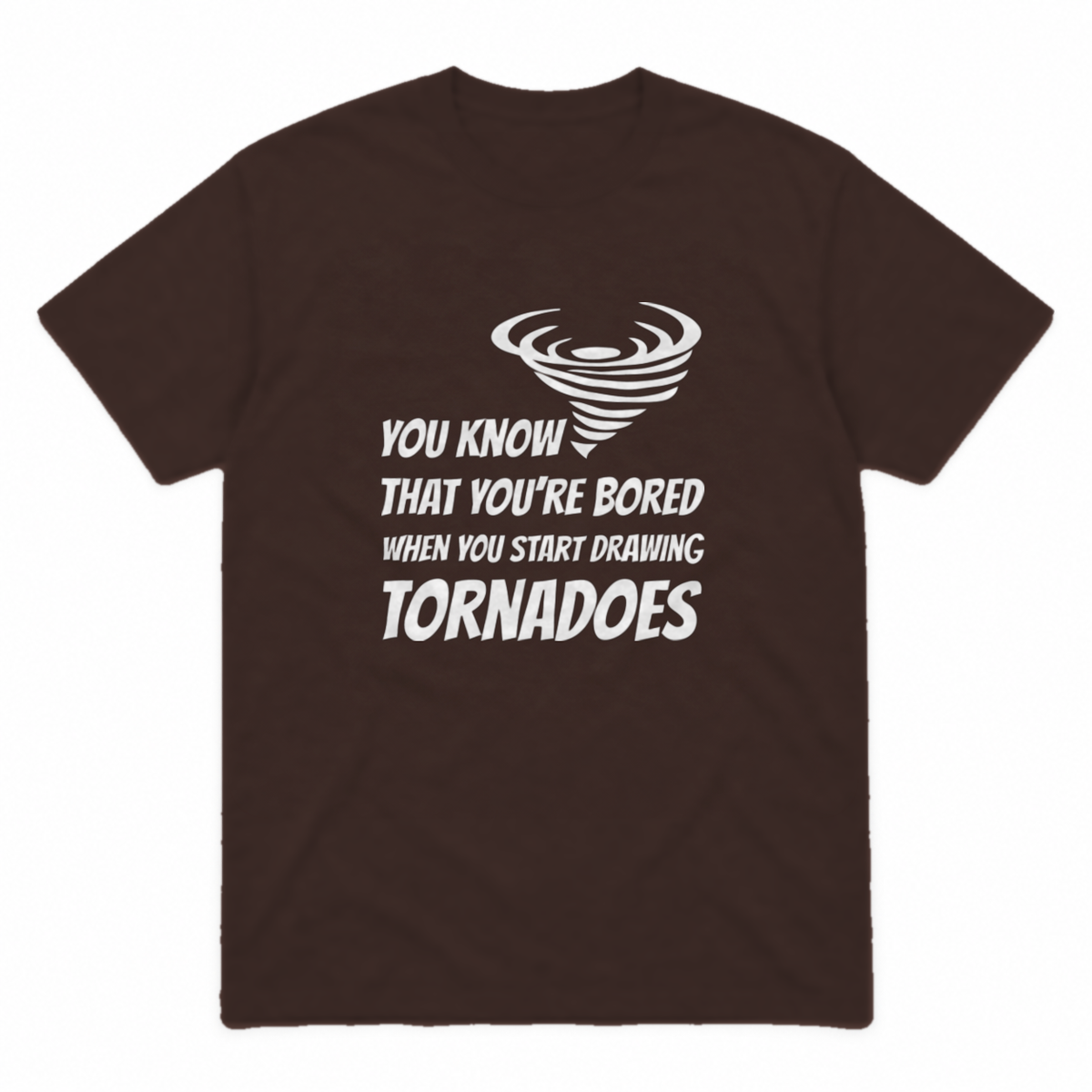 Drawing Tornadoes graphic tee in dark chocolate with white print, front view