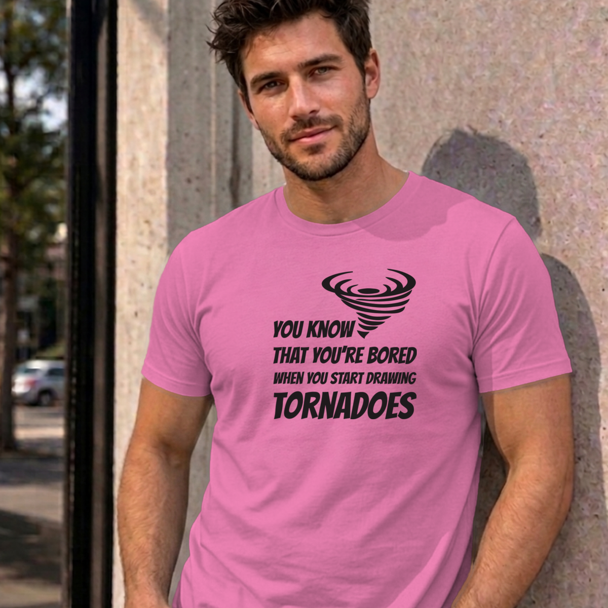 Man wearing the azalea Drawing Tornadoes graphic tee