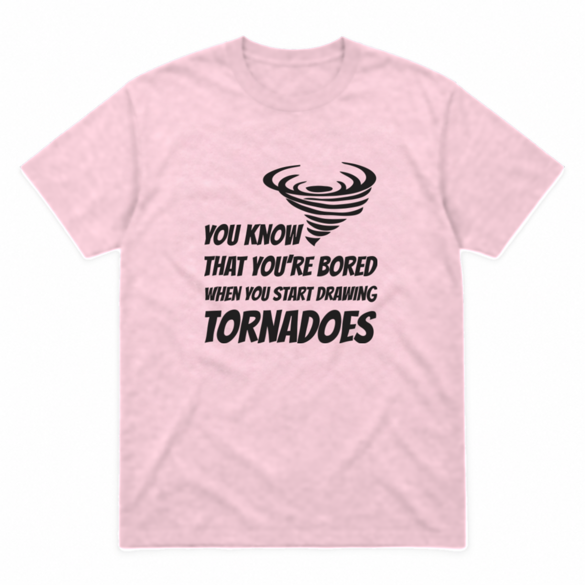 Drawing Tornadoes graphic tee in light pink with black print, front view