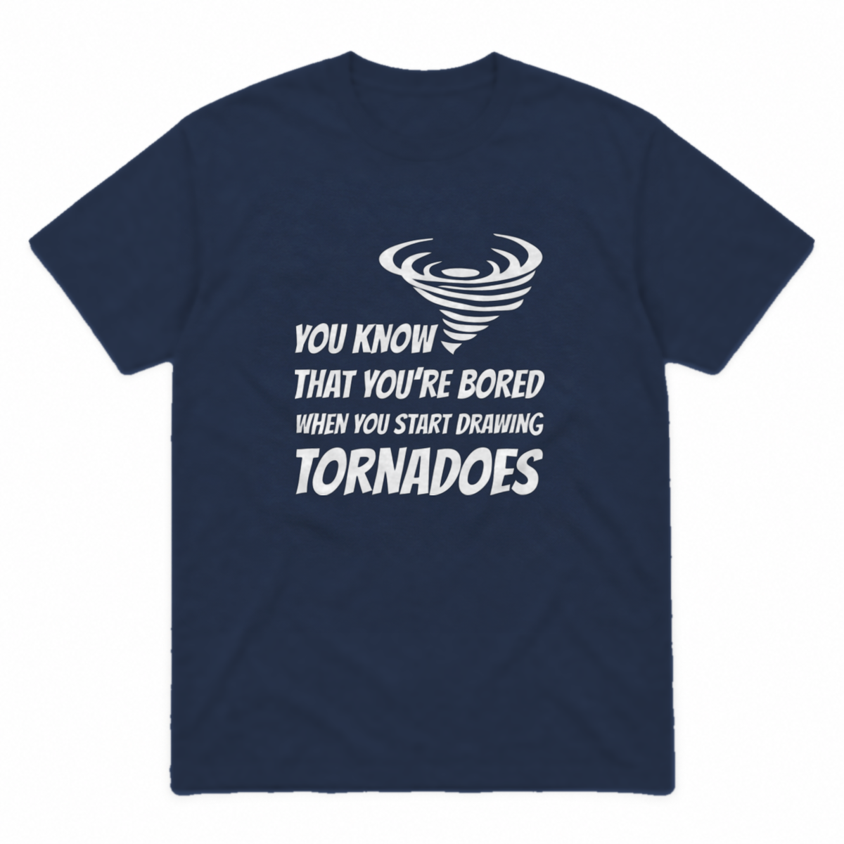 Drawing Tornadoes graphic tee in navy with white print, front view