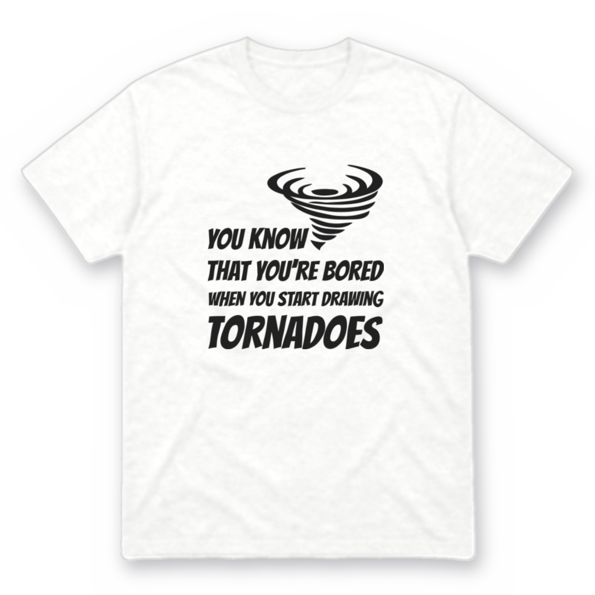Drawing Tornadoes graphic tee in white with black print, front view
