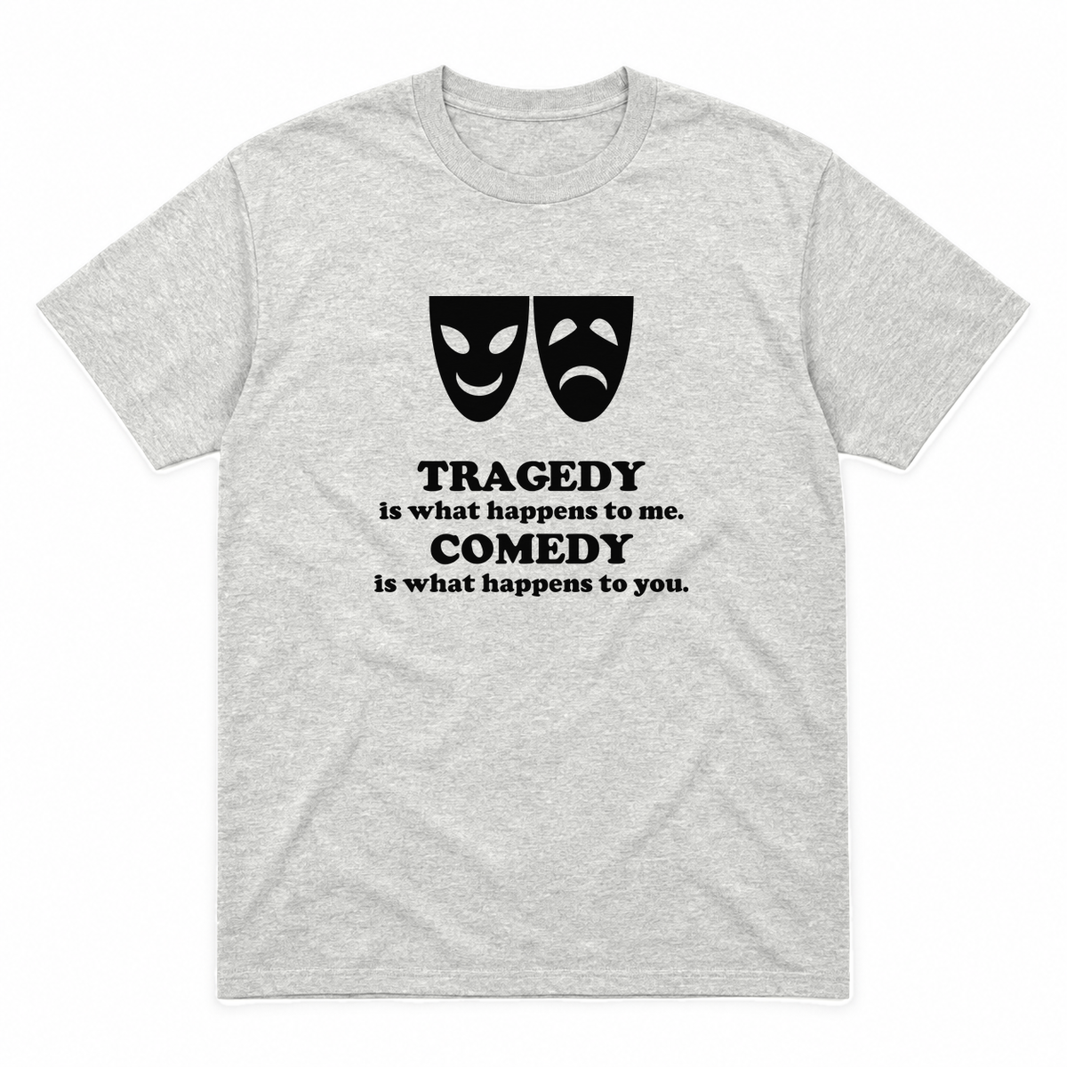 Tragedy and Comedy graphic tee in ash with black print, front view