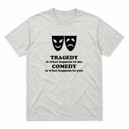 Tragedy and Comedy graphic tee in ash with black print, front view