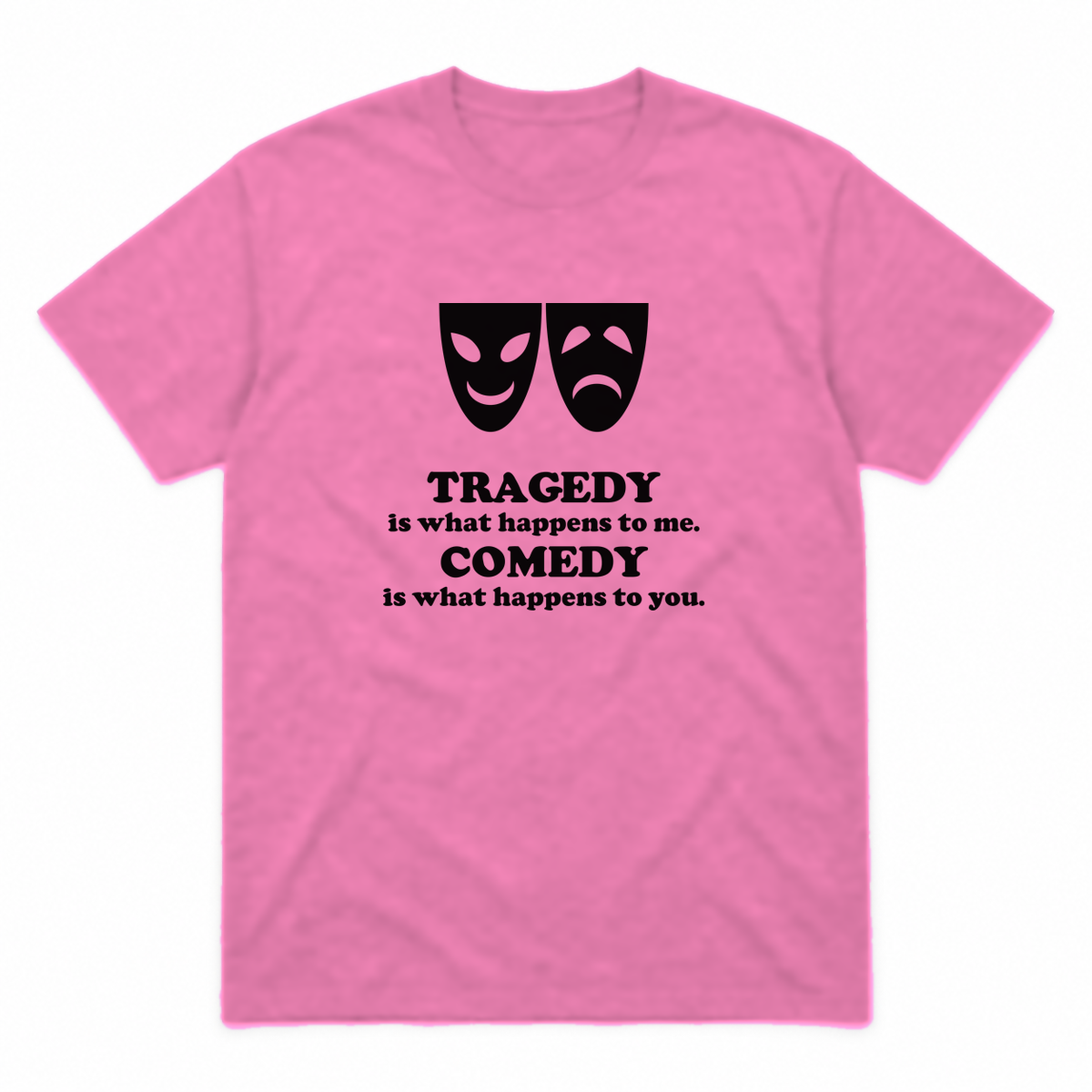 Tragedy and Comedy graphic tee in azalea with black print, front view