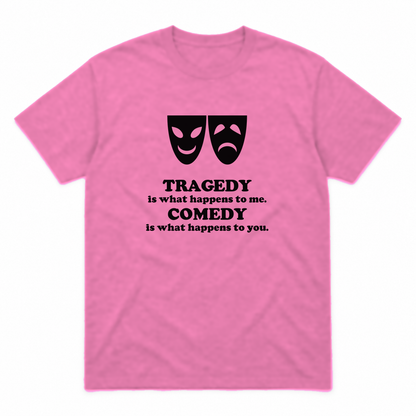 Tragedy and Comedy graphic tee in azalea with black print, front view