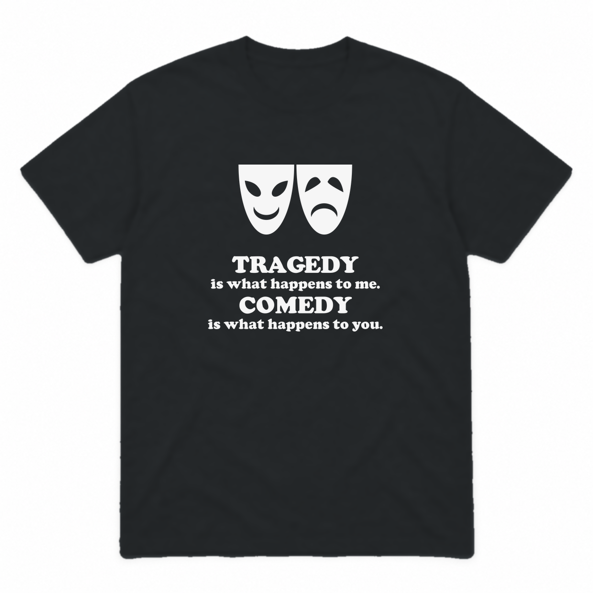 Tragedy and Comedy graphic tee in black with white print, front view