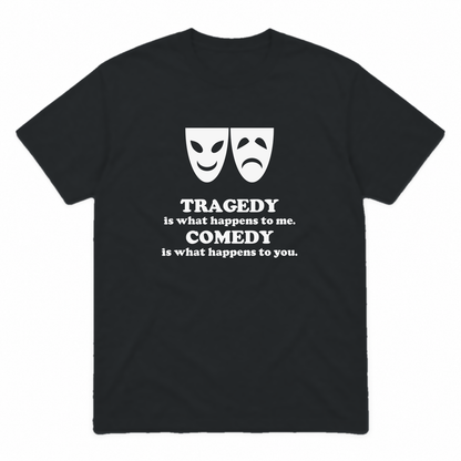 Tragedy and Comedy graphic tee in black with white print, front view