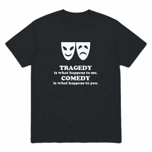 Tragedy and Comedy graphic tee in black with white print, front view