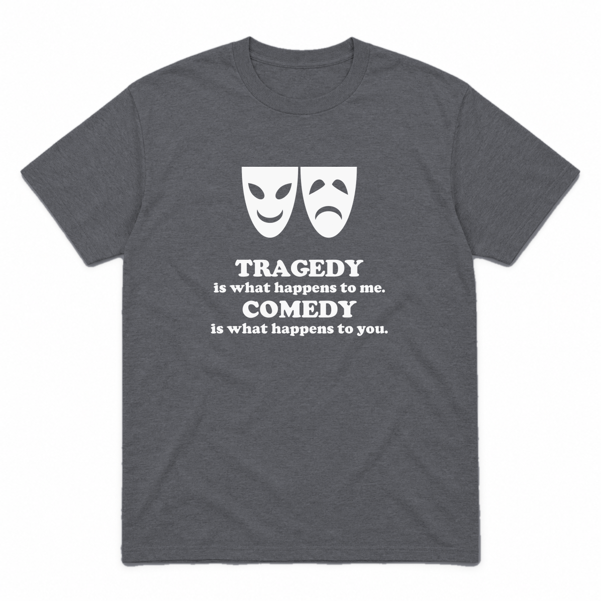 Tragedy and Comedy graphic tee in charcoal with white print, front view