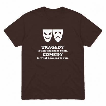 Tragedy and Comedy graphic tee in dark chocolate with white print, front view