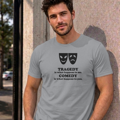 Man wearing the sport grey Tragedy and Comedy graphic tee