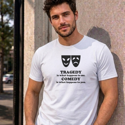 Man wearing the white Tragedy and Comedy graphic tee