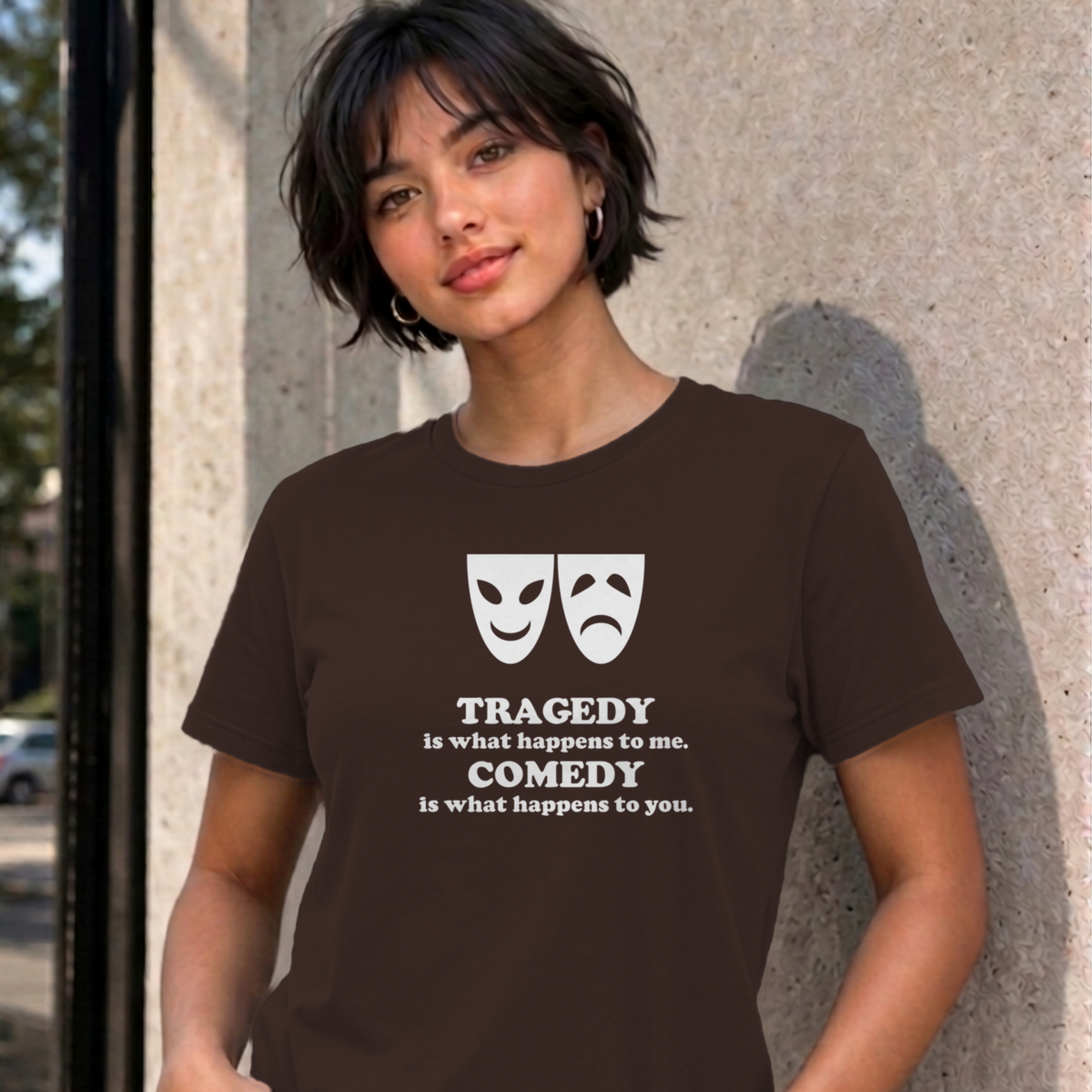 Woman wearing the dark chocolate Tragedy and Comedy graphic tee