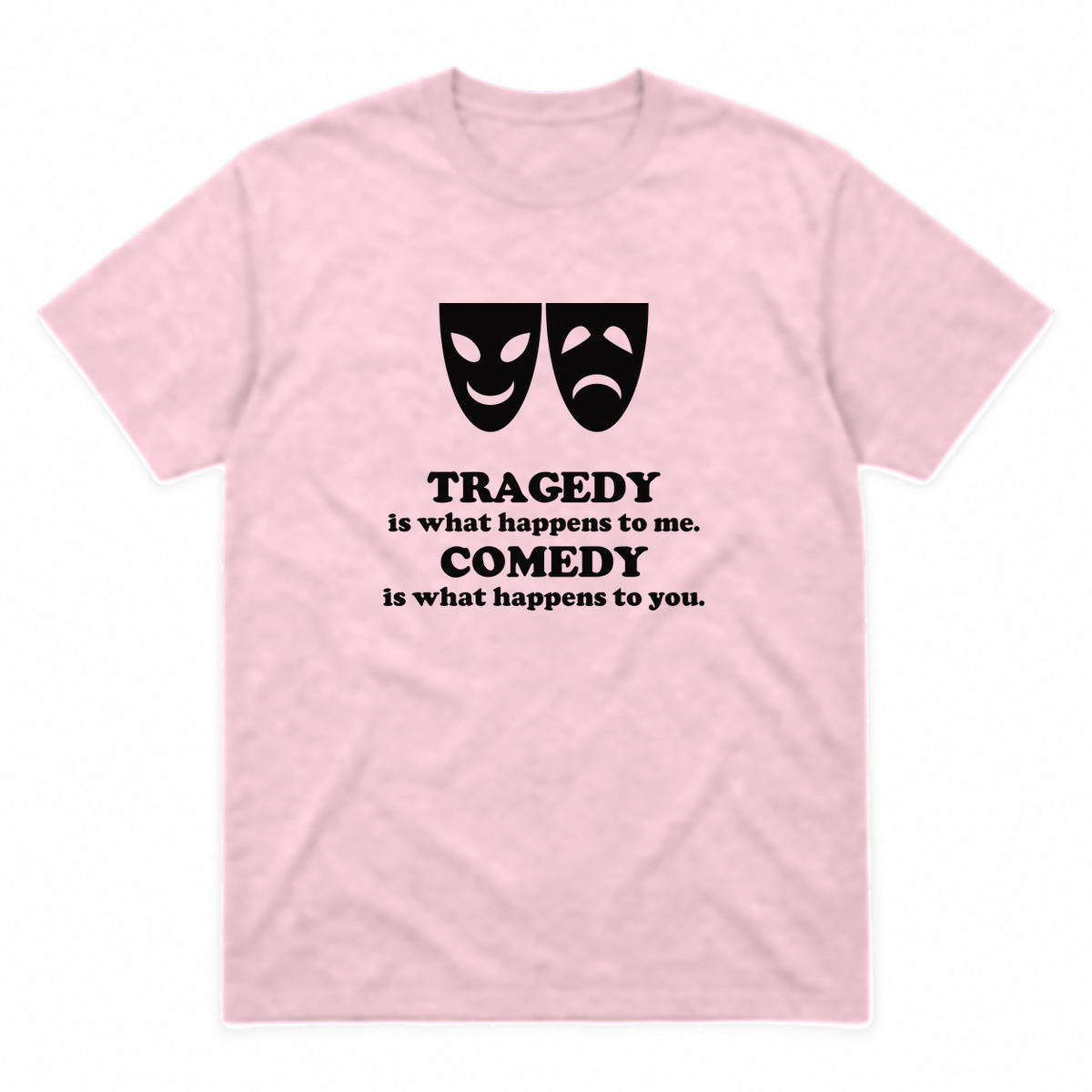 Tragedy and Comedy graphic tee in light pink with black print, front view