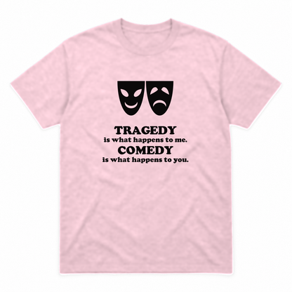 Tragedy and Comedy graphic tee in light pink with black print, front view
