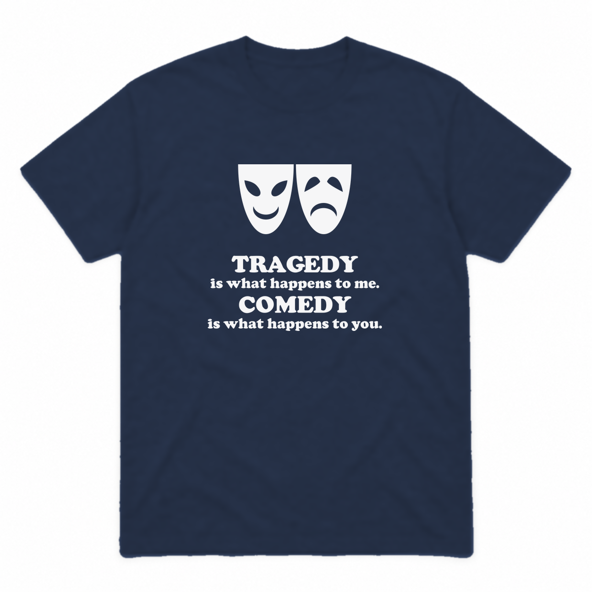 Tragedy and Comedy graphic tee in navy with white print, front view