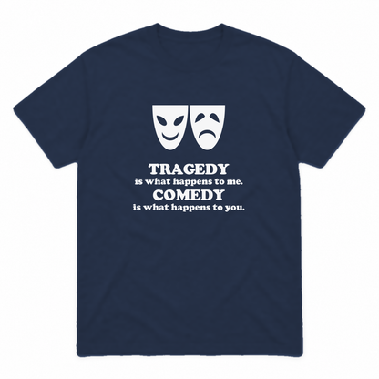 Tragedy and Comedy graphic tee in navy with white print, front view