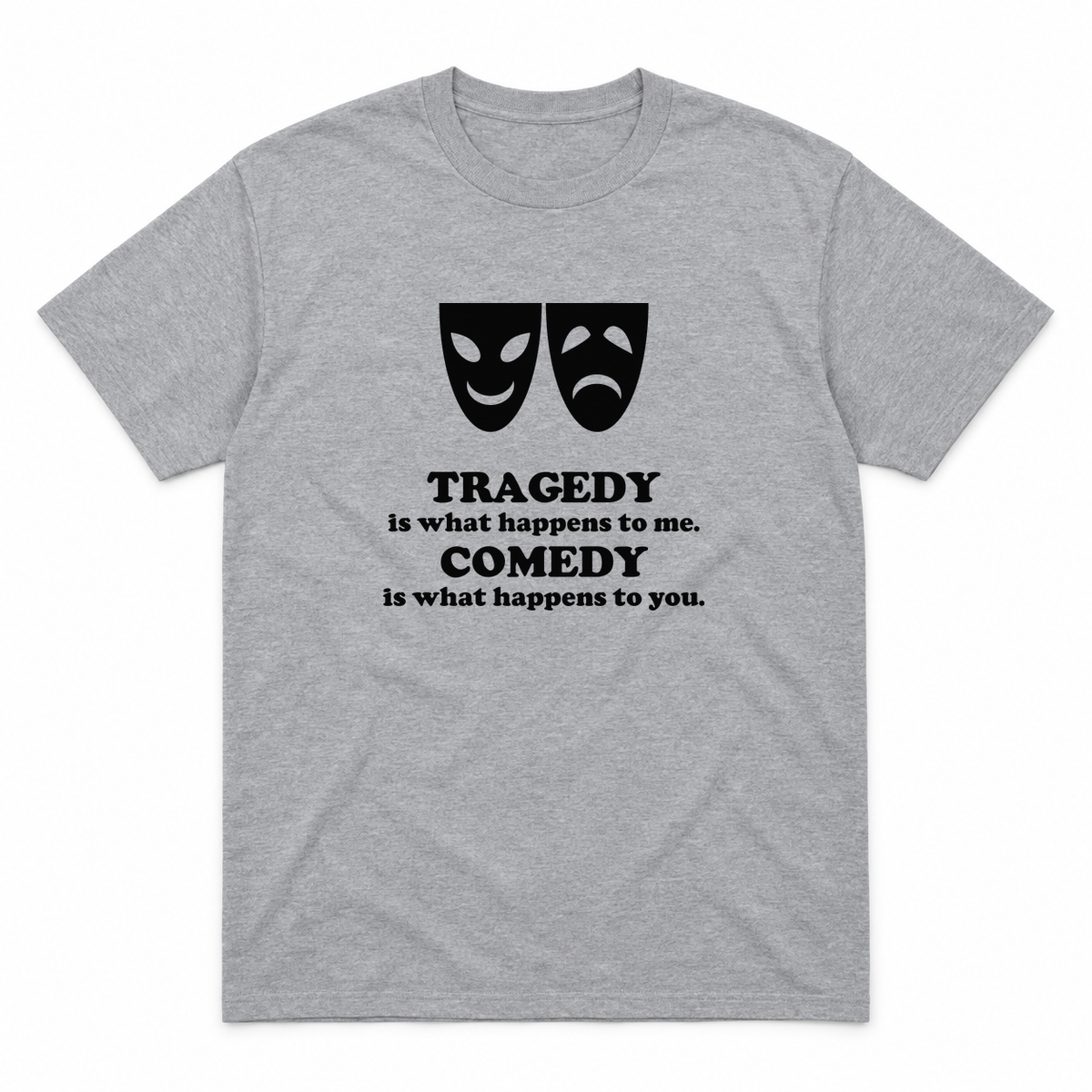 Tragedy and Comedy graphic tee in sport grey with black print, front view