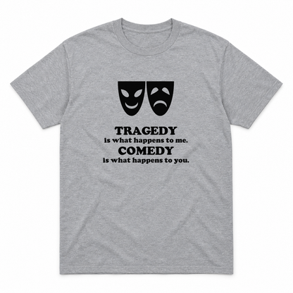Tragedy and Comedy graphic tee in sport grey with black print, front view
