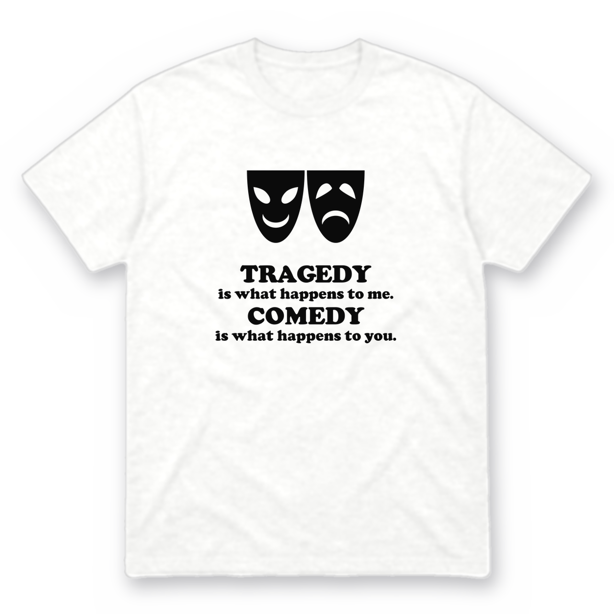 Tragedy and Comedy graphic tee in white with black print, front view