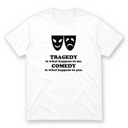 Tragedy and Comedy graphic tee in white with black print, front view