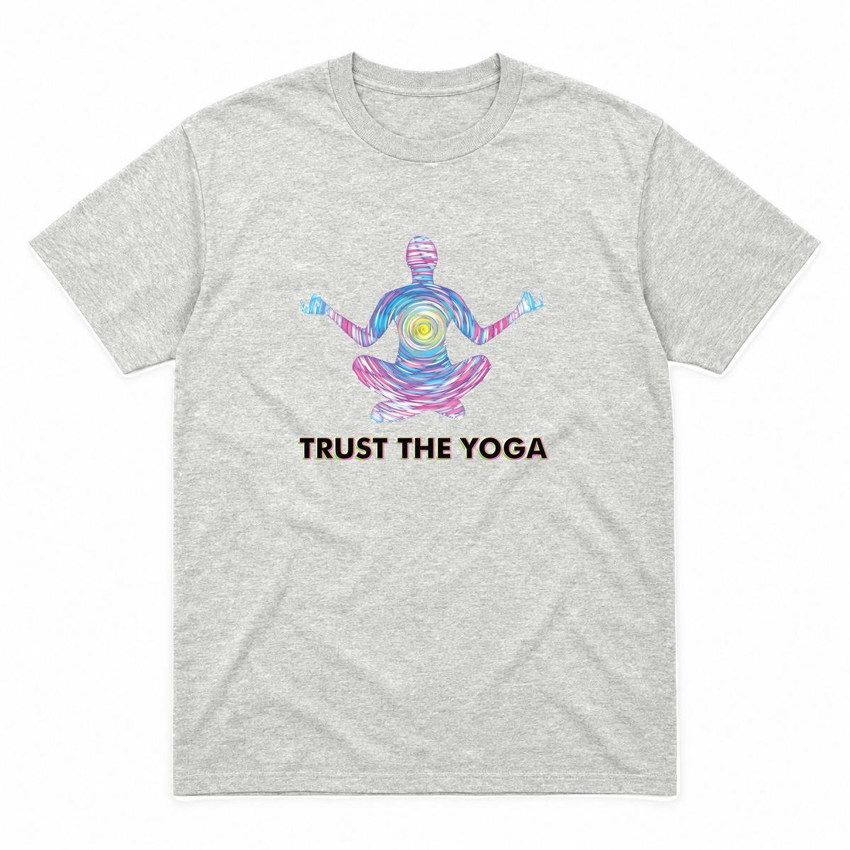 Trust the Yoga graphic tee in ash with black lettering, front view