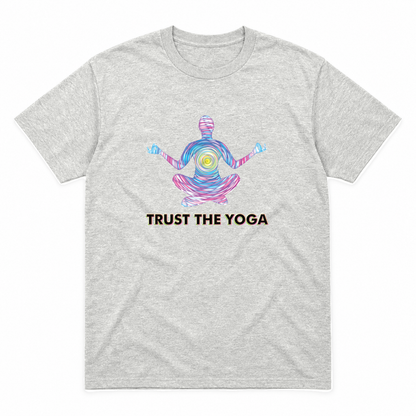 Trust the Yoga graphic tee in ash with black lettering, front view