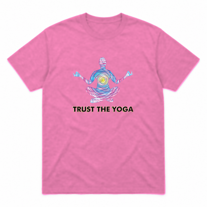 Trust the Yoga graphic tee in azalea with black lettering, front view