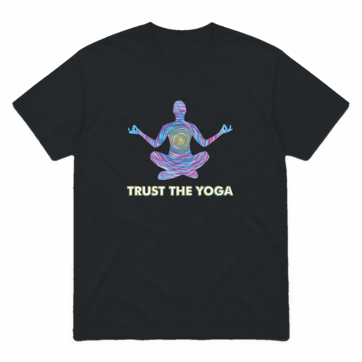 Trust the Yoga graphic tee in black with white lettering, front view