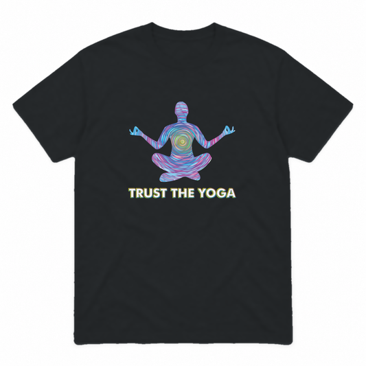 Trust the Yoga graphic tee in black with white lettering, front view